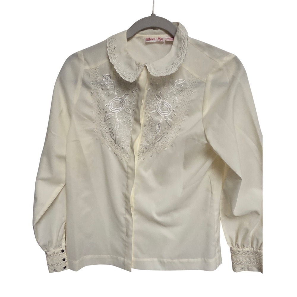 Vintage 80s Steve-Mor Cream Lace Collar Blouse Embroidered Floral Peter Pan Top